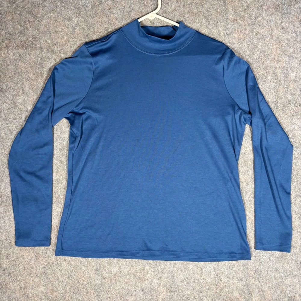 LL Bean Mock Neck Top Womens L Reg Blue Supima Cotton Long Sleeve Layering Shirt